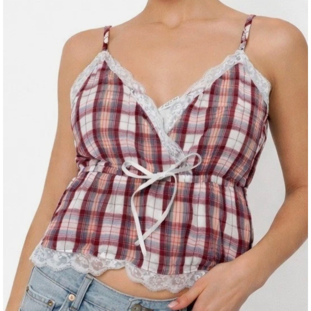 American Eagle Y2k Red Plaid Lace Trim Babydoll Camisole Top Small Smocked Back